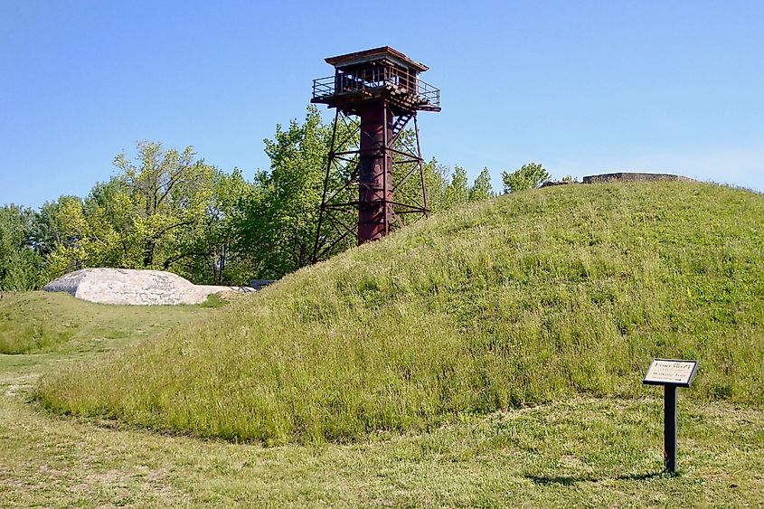 A gun fire control tower and observation stand in Fort Mott in Pensville, New Jersey.