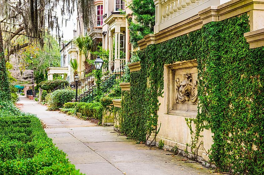 Savannah, Georgia, USA historic downtown sidewalks and rowhouses.