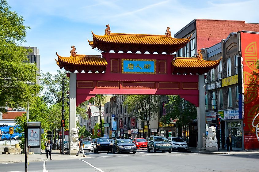 The Paifang Gate at the entrance of the Chinatown neighborhood in downtown Montreal, Canada. 