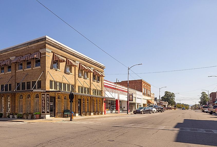 The old business district on Dewey Avenue in Poteau, Oklahoma, via Roberto Galan / Shutterstock.com