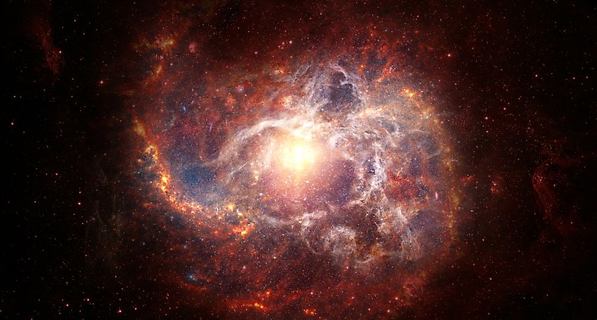 Beautiful night sky, red star, and a galaxy in space.