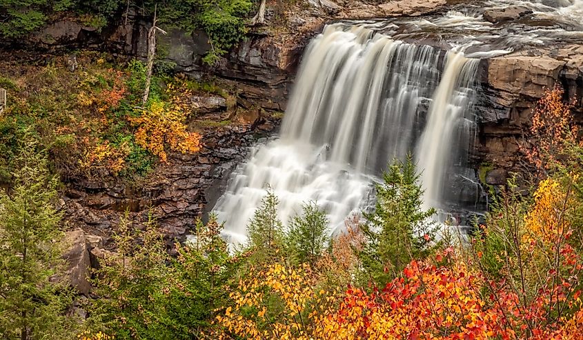 Blackwater Falls This is one of West Virginia's lovely fall waterfall scenes. Photographed in October, the leaves are changing, falls are roaring, and nature is beautiful.