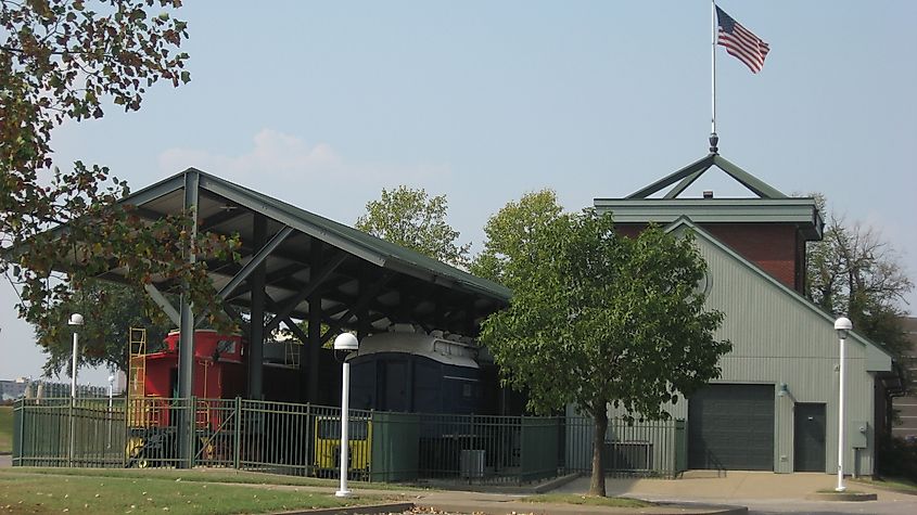 Main building and railroad rolling stock at the Transportation Center of the Evansville Museum of Arts, History and Science.