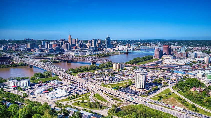 Aerial View of Covington Kentucky and Downtown Cincinnati from Devou Park.