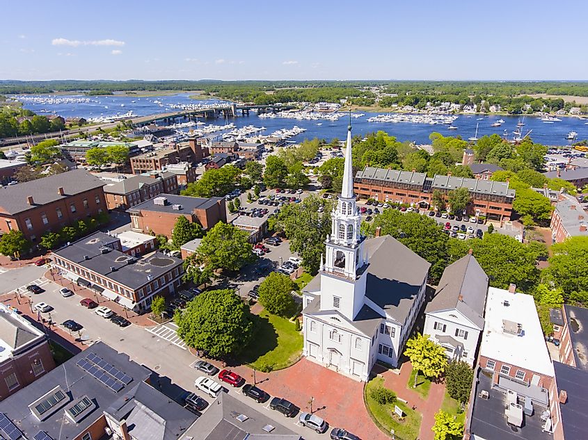 Newburyport historic downtown including State Street and First Religious Society Unitarian Universalist Church with Merrimack River at the background aerial view, Newburyport, Massachusetts