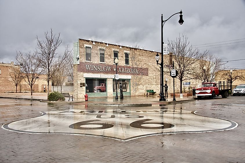 Commemorating the song "Take It Easy", written by Jackson Browne and Glenn Frey, recorded by The Eagles is a public park on a corner in Winslow Arizona.