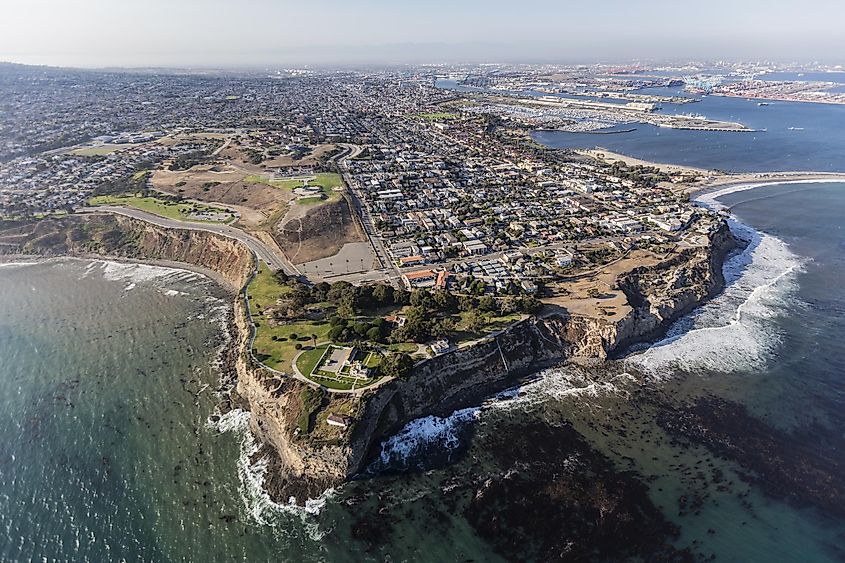 San Pedro pacific ocean coastline aerial in Los Angeles, California.