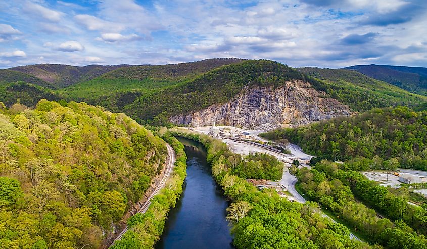 Aerial view of the James River and surrounding mountains in Buchanan, Virginia.