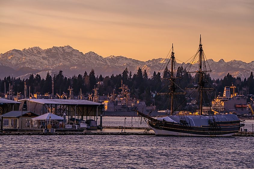 Lady Washington docked in Port Orchard, Washington, at sunset.