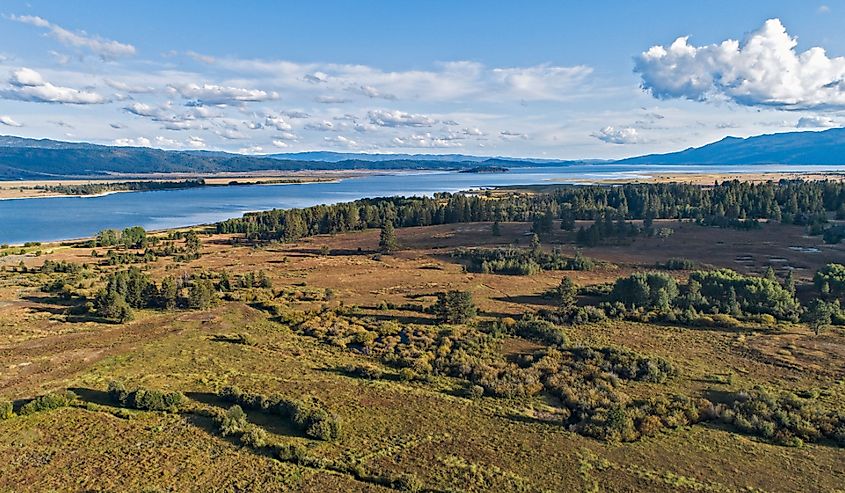 Drone aerial view of Cascade Lake in Cascade, Idaho