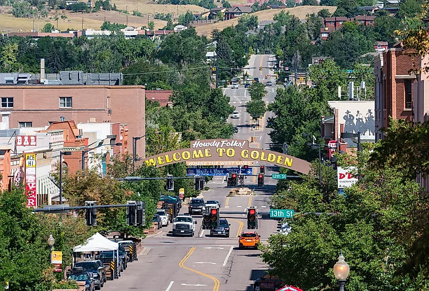 Welcome to Golden sign along Washington street in Golden, Colorado.