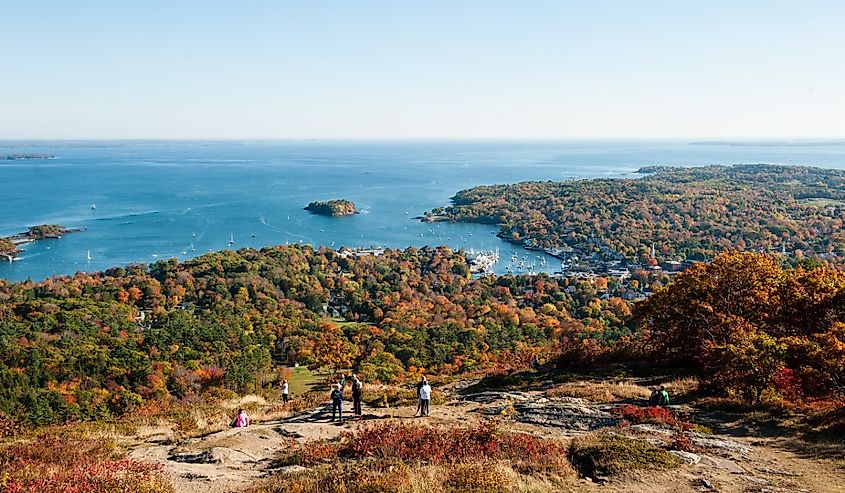 View of Camden, Maine harbor from the summit of Mount Battie, Camden Hills State Park in autumn.