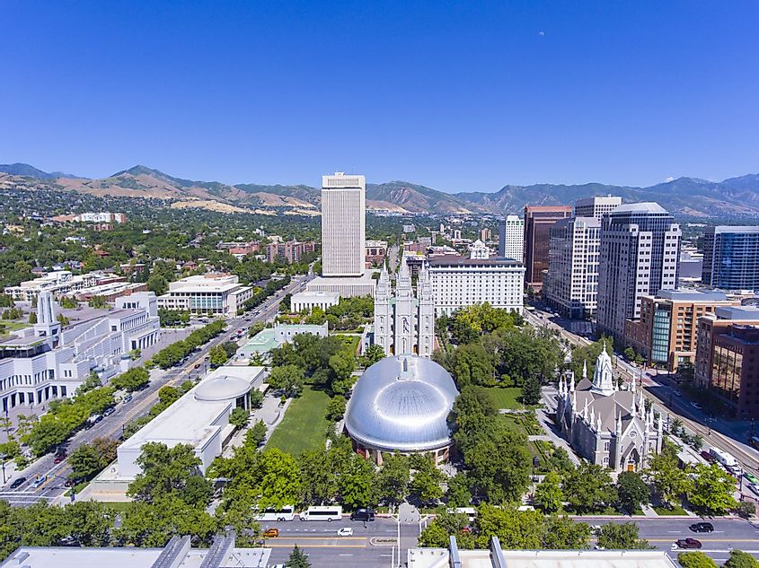 Aerial view of Temple Square in downtown Salt Lake City, Utah