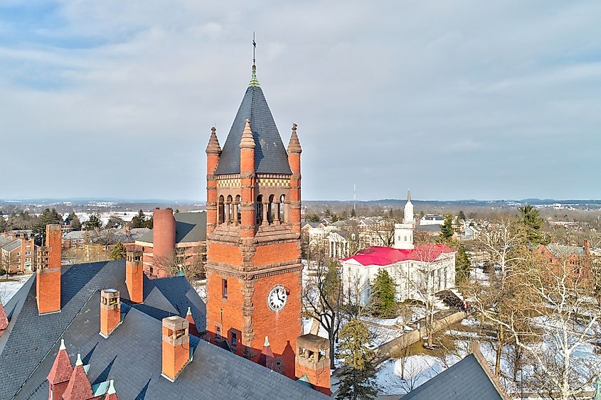 Aerial view of historic buildings in Gettysburg, Pennsylvania.