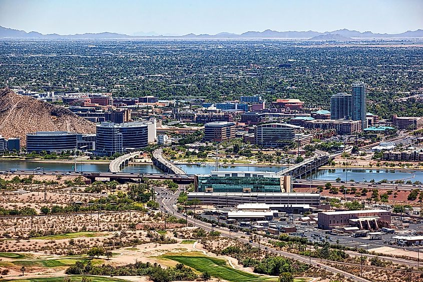 Sunny and clear skies over the lakefront and downtown of Tempe, Arizona