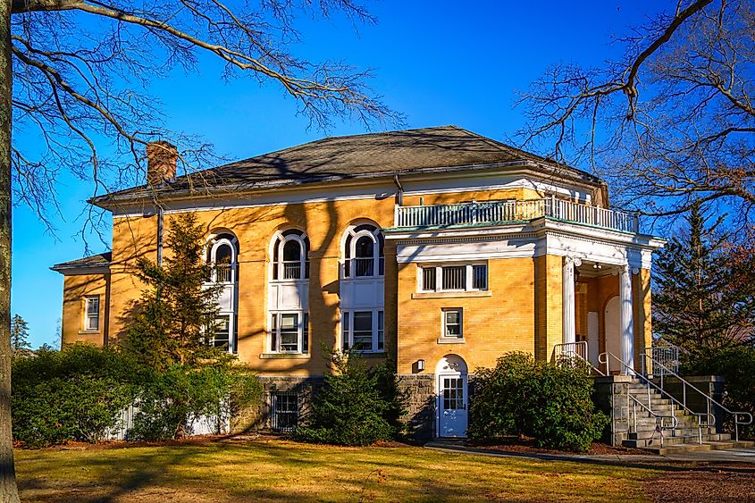 Madison Memorial Town Hall at Historic District in Madison Downtown, Connecticut, USA.