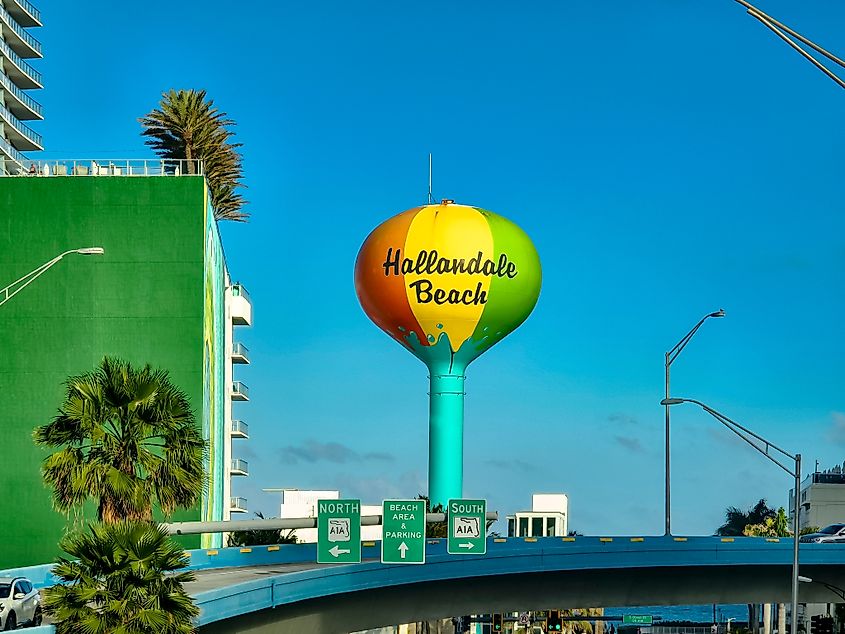 Hallandale Beach, Florida, USA - Feb 12, 2025: Vibrant landmark water tower under clear skies