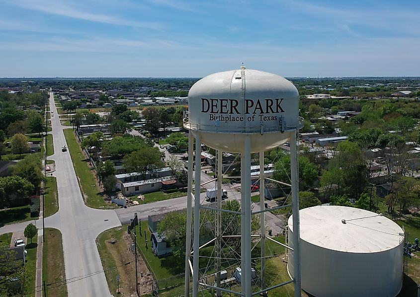 Aerial view of water tower in Deer Park, Texas.