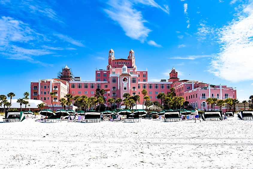 Panoramic view of the historic Don CeSar Hotel from a beach in St. Pete Beach, Florida. 