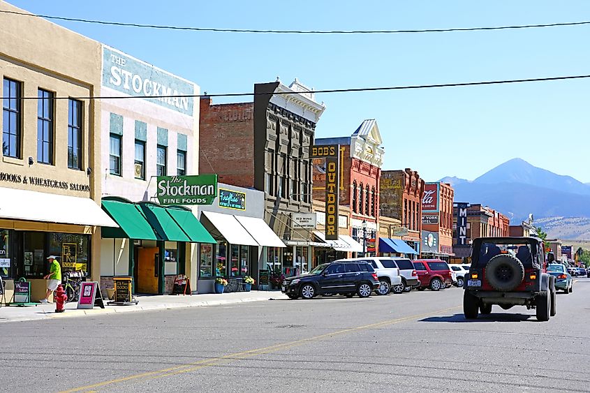 View of downtown Livingston, a town and county seat of Park County, Montana.