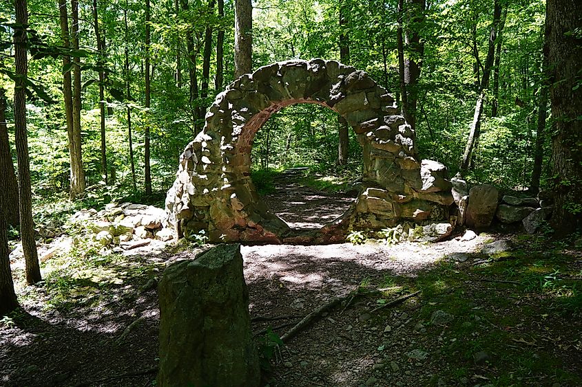 Circular stone gate structure at Columcille Megalith Park, Bangor, Pennsylvania. 