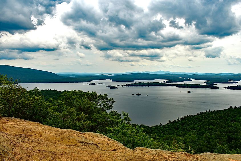 Scenic summit views of Squam Lake from West Rattlesnake Mountain in New Hampshire.
