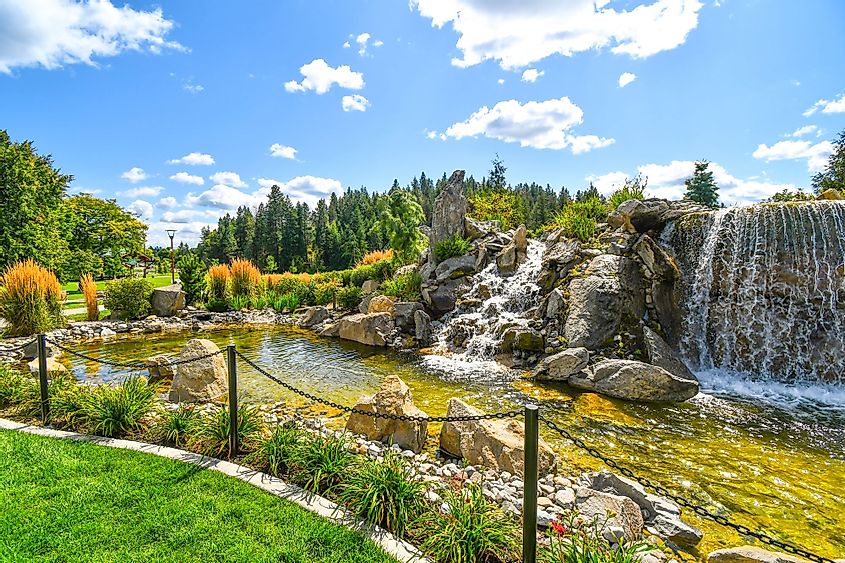 public waterfall and pond near the McEuen Park area in Coeur d'Alene, Idaho