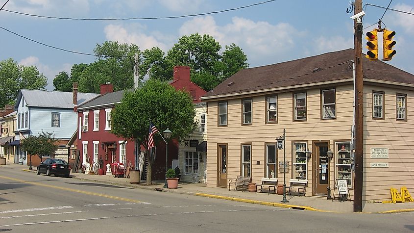Buildings on the eastern side of Main Street near the Miami Street intersection in Waynesville, Ohio, United States. 