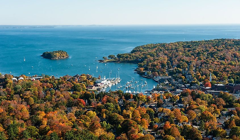 Aerial view of Camden, Harbor Maine with fall foliage