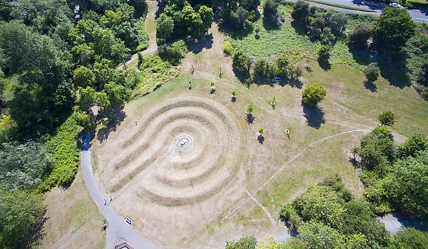 Aerial View of the Landscape of Luther Burbank Park and the Earthworks Sculpture Spiral Pattern By Artist John Hoge