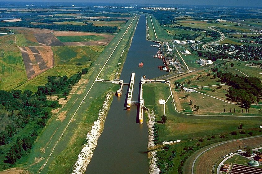 Barge traffic at Melvin Price Locks and Dam near Alton, Illinois.