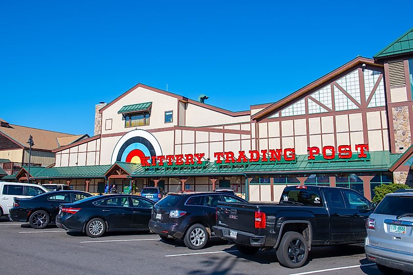 Cars parked outside the Kittery Trading Post in Kittery, Maine.