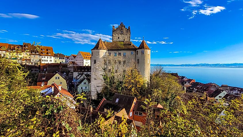 The picturesque view of the medieval castle Meersburg and the old town on a sunny day. 