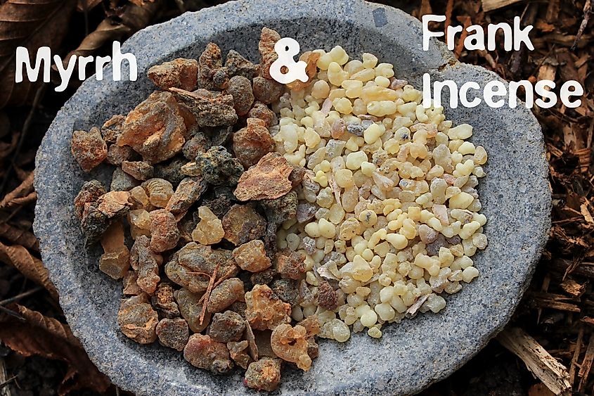 Frankincense and myrrh resins in a stone bowl