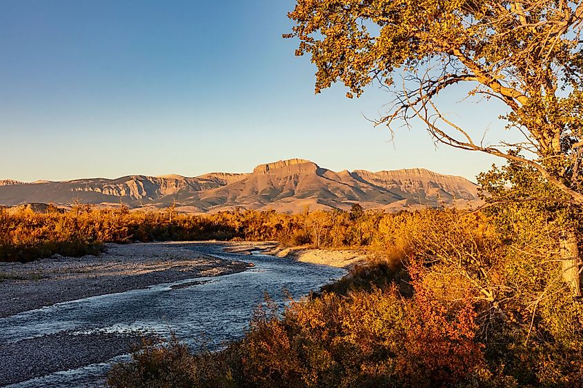 The Teton River with Ear Mountain in autumn at sunrise near Choteau, Montana
