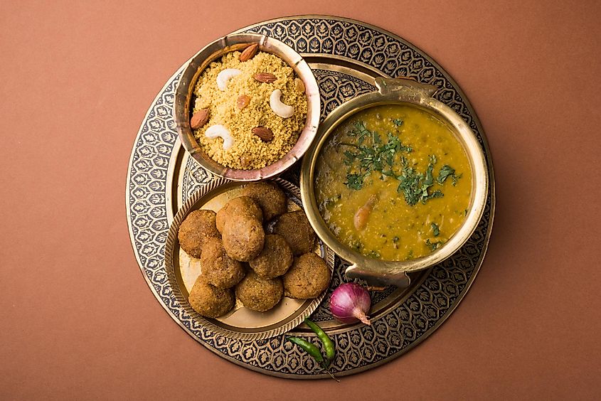 The traditional Rajasthani dish - daal, baati, churma.