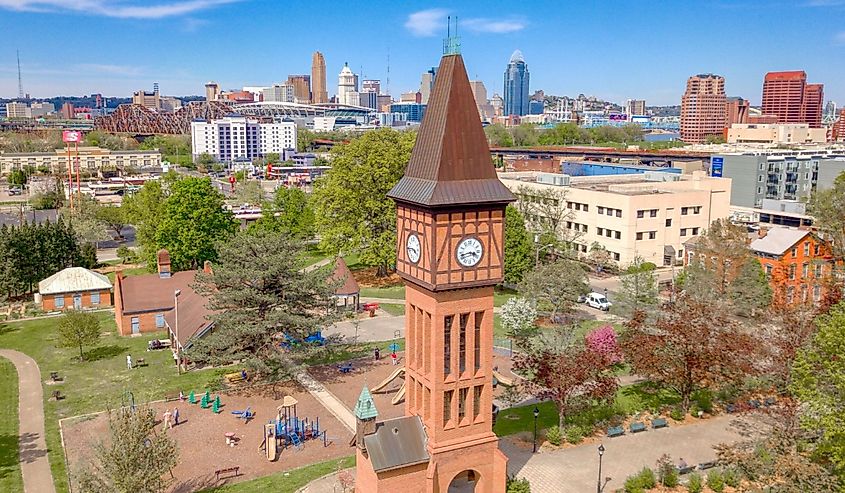 The Iconic Goebel Park Clock Tower in the Foreground of Downtown Cincinnati