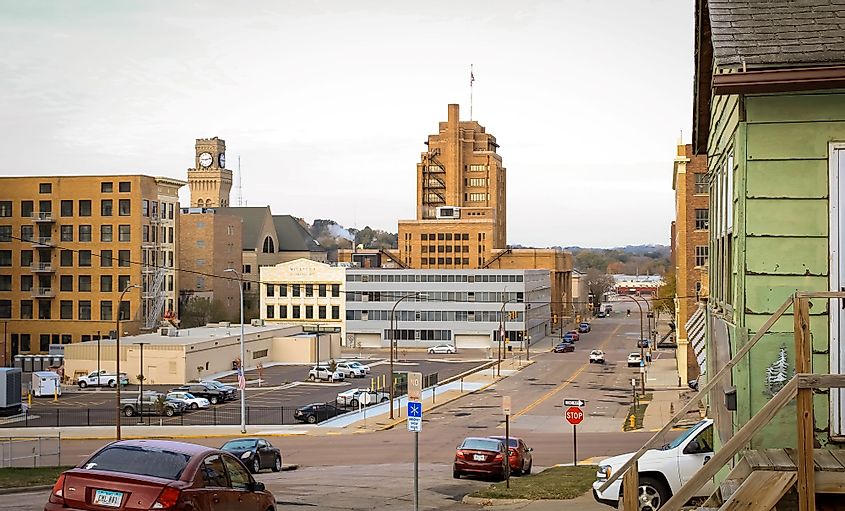 A view of the hilly downtown streets in Sioux City, Iowa