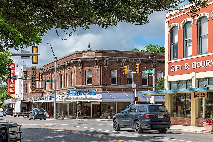 Parade of classic shops in small town America, Seguin in Texas.