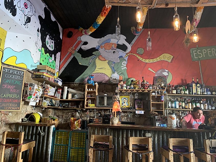The interior of a hippie bar