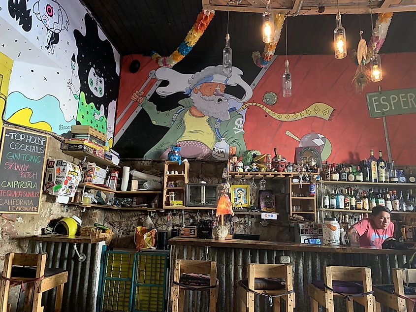 The interior of a hippie bar