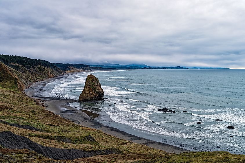 A sea stack dominates the beach on a foggy day at Cape Blanco State Park in Oregon, USA.