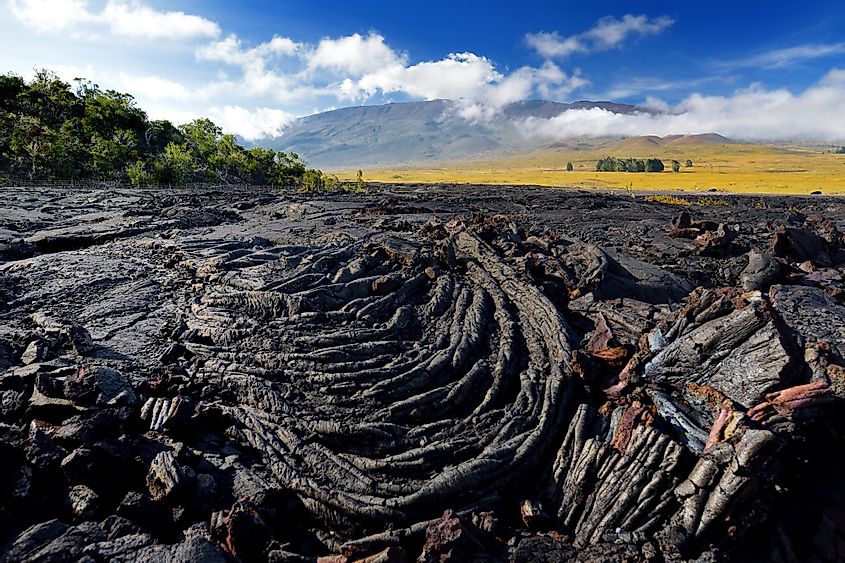Rough surface of frozen lava after Mauna Loa volcano eruption on Big Island, Hawaii