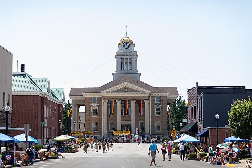 The Strassenfest Parade in front of the Dubois County Courthouse in Jasper, Indiana, USA.