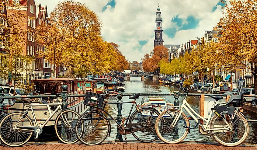 A canal lined with historic houses in Amsterdam.