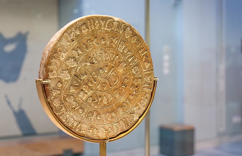 View of the Phaistos Disc on display.
