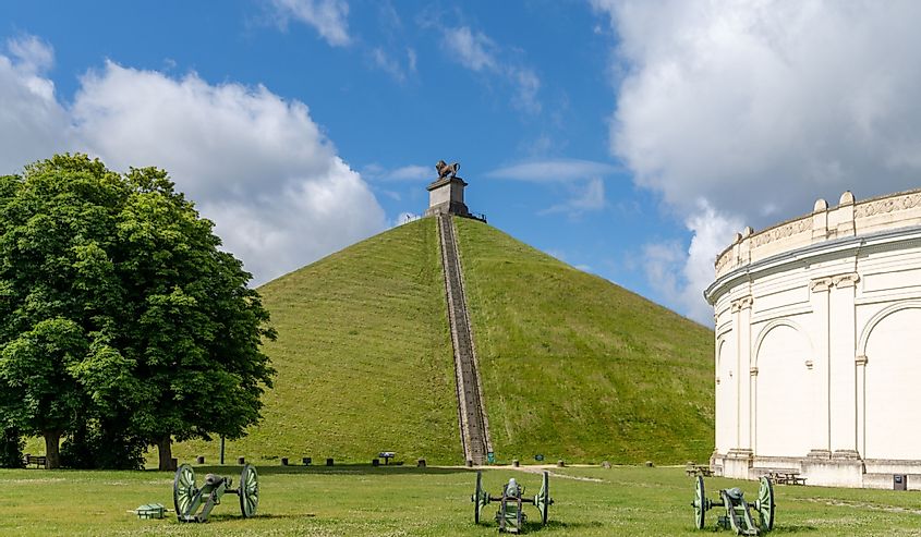 View of the Lion's Mound and cannons at the Waterloo Battlefield Memorial, Belgium