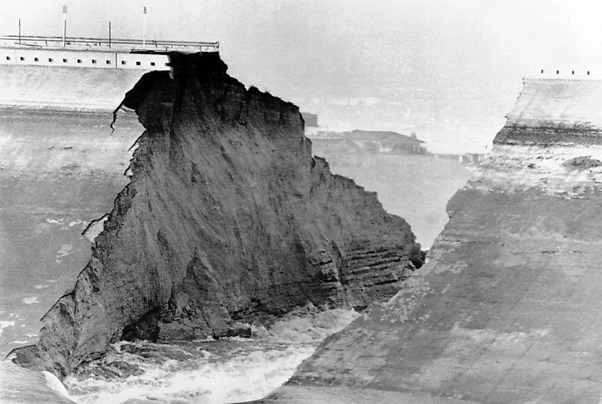 Flood damage from the 1963 Baldwin Hills Reservoir dam failure in Los Angeles, California.