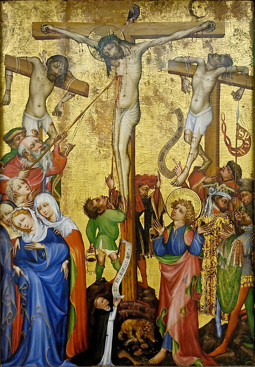 Depiction of Jesus Christ's crucifixion alongside the penitent thief and the impenitent thief. (Christian art, 15th-century Strasbourg)