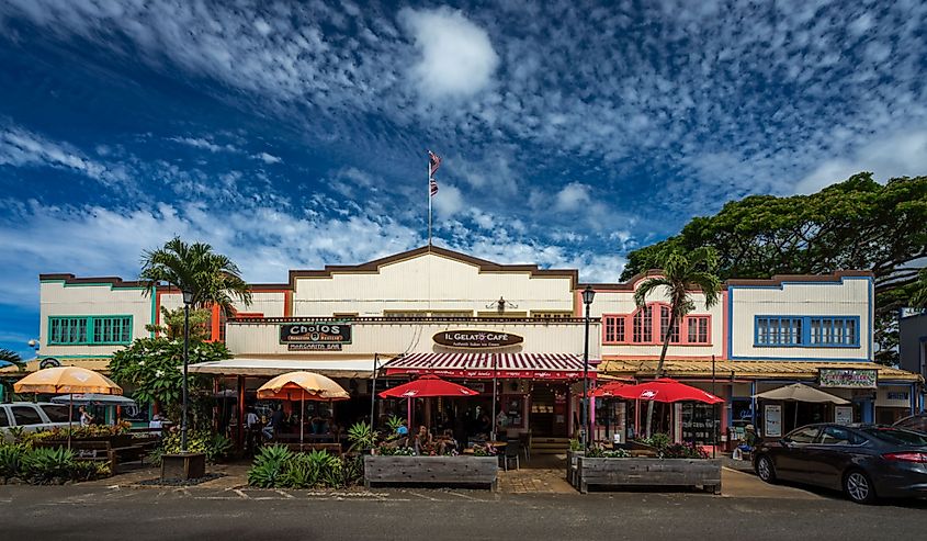 Traditional wooden building at Haleiwa, Oahu Hawaii. Contains restaurants and shops.